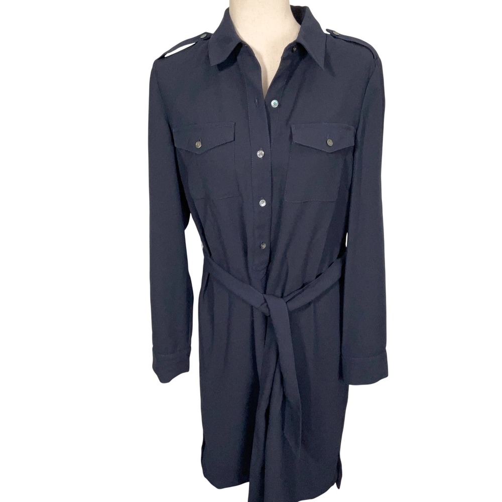Talbots Shirt Dress Women 8 Navy Blue Crepe Military Belt Minimalist Utility